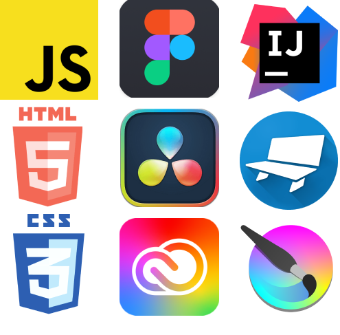 icons of: Javascript, figma, Intellij, html5, CSS, Davinci Resolve, Blockbench, Adobe creative suit and Krita